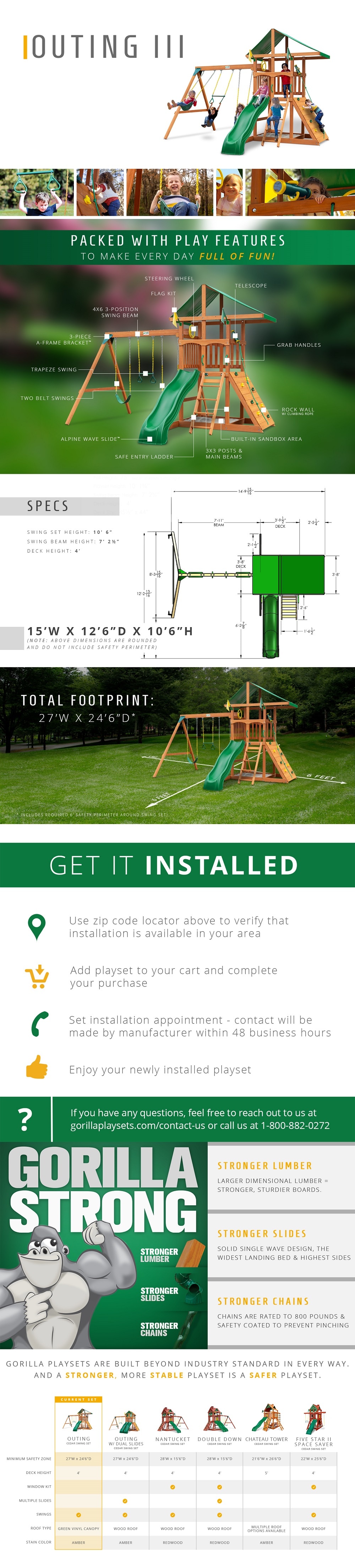 Gorilla Playsets Professionally Installed Outing III Wooden Outdoor Playset with Rock Wall